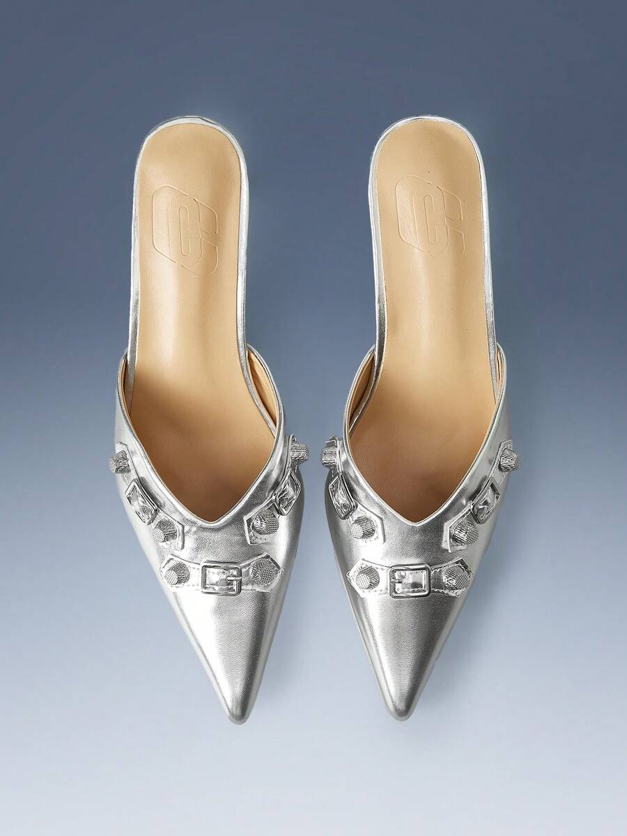 CUCCOO GRLICON Solid Color Pointed Wine Glass And Casual Commuting Silver PU Leather Women's High-Heeled Shoes Dating Afternoon Tea - Silver - View 1