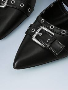 CUCCOO GRLICON Multi-Buckle Design Pointed Flat Sandals Black PU Leather Versatile Low-Heeled Shoes Women, Suitable For Commuting And Office - Black - View 6