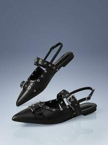CUCCOO GRLICON Multi-Buckle Design Pointed Flat Sandals Black PU Leather Versatile Low-Heeled Shoes Women, Suitable For Commuting And Office - Black - View 4