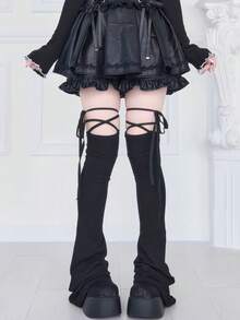 ROMWE Anime 1Pairy2k 千禧辣妹龐克風黑色微喇長管可堆疊襪套，附防滑綁帶，時尚簡約百搭女款腿套，適合日常、約會、派對、購物及其他穿搭 - 黑色綁帶 - 查看 2