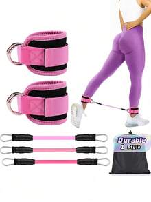 1Set Pink Ankle Strap & Resistance Band Kit, Adjustable D-Ring Ankle Cuffs With 3Pcs Elastic Exercise Bands & Storage Bag, Glute Leg Hip Workout Fitness Equipment For Home Gym - Multicolor - View 1