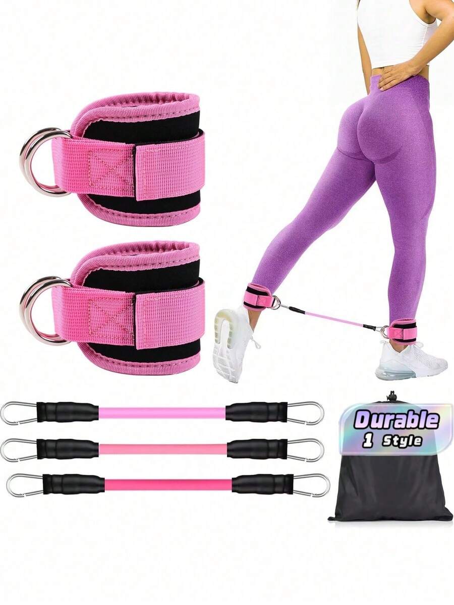 1Set Pink Ankle Strap & Resistance Band Kit, Adjustable D-Ring Ankle Cuffs With 3Pcs Elastic Exercise Bands & Storage Bag, Glute Leg Hip Workout Fitness Equipment For Home Gym - Multicolor - View 1