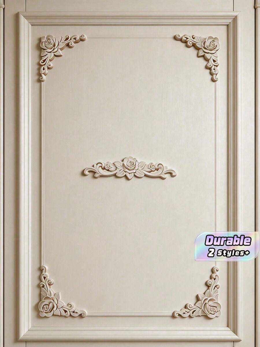 6/8Pcs Rose Carved Wood Appliques Floral Furniture Onlays Vintage Corner Decor For Cabinet Mirror Frame - Khaki - View 1