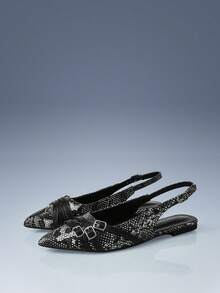 CUCCOO GRLICON 女款交叉綁帶尖頭平底涼鞋，黑色蛇紋PU皮革，百搭低跟鞋，適合通勤與辦公室穿著 - 黑色 - 查看 3