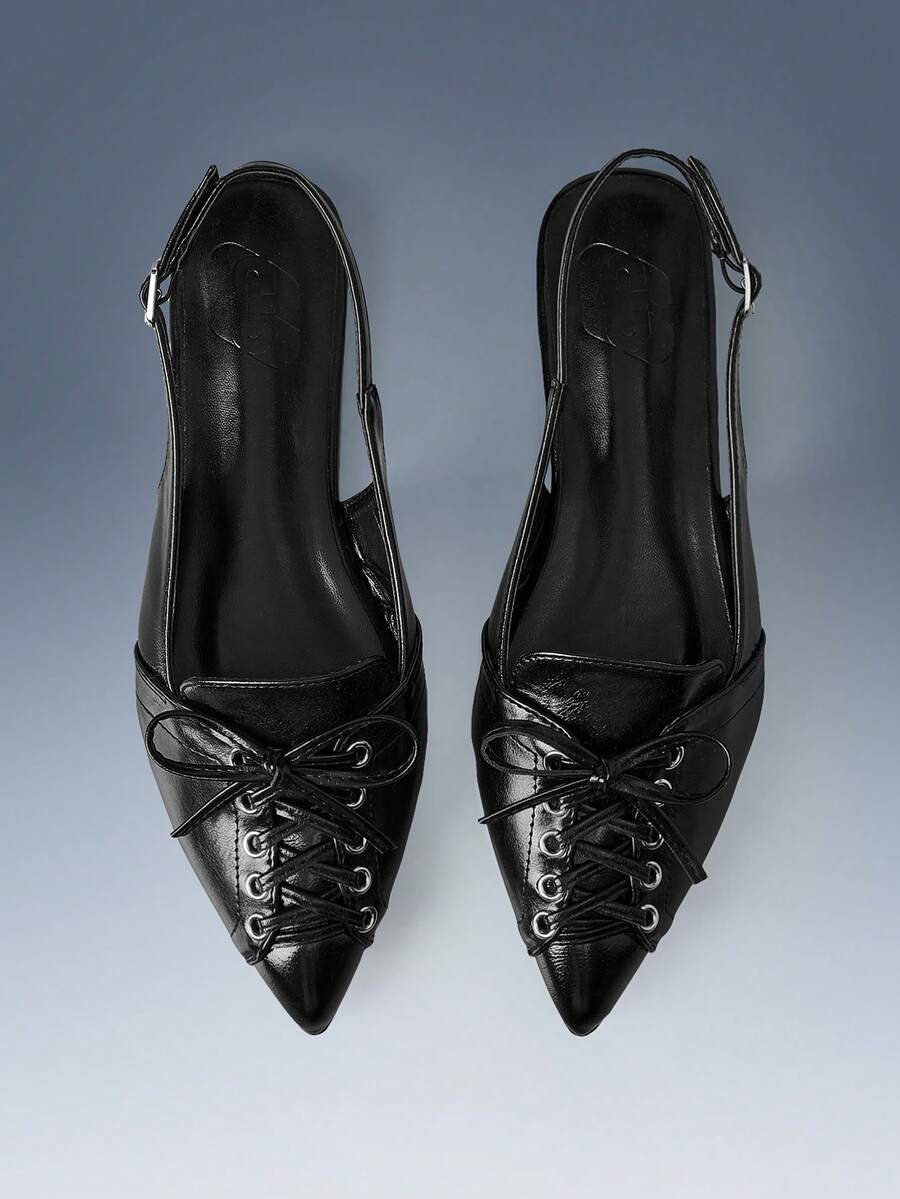 CUCCOO GRLICON Strap Design Pointed Flat Sandals Black PU Leather Versatile Low-Heeled Shoes Women, Suitable For Commuting And Office - Black - View 1