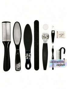 10pcs Made Of Thickened Stainless Steel, Rust-Resistant And Durable. The Foot File Features Dual Grit Sides: Coarse Side For Stubborn Calluses, Fine Side For Polishing. The Pedicure Knife Has Smoothly Polished Blade, - Black - View 1