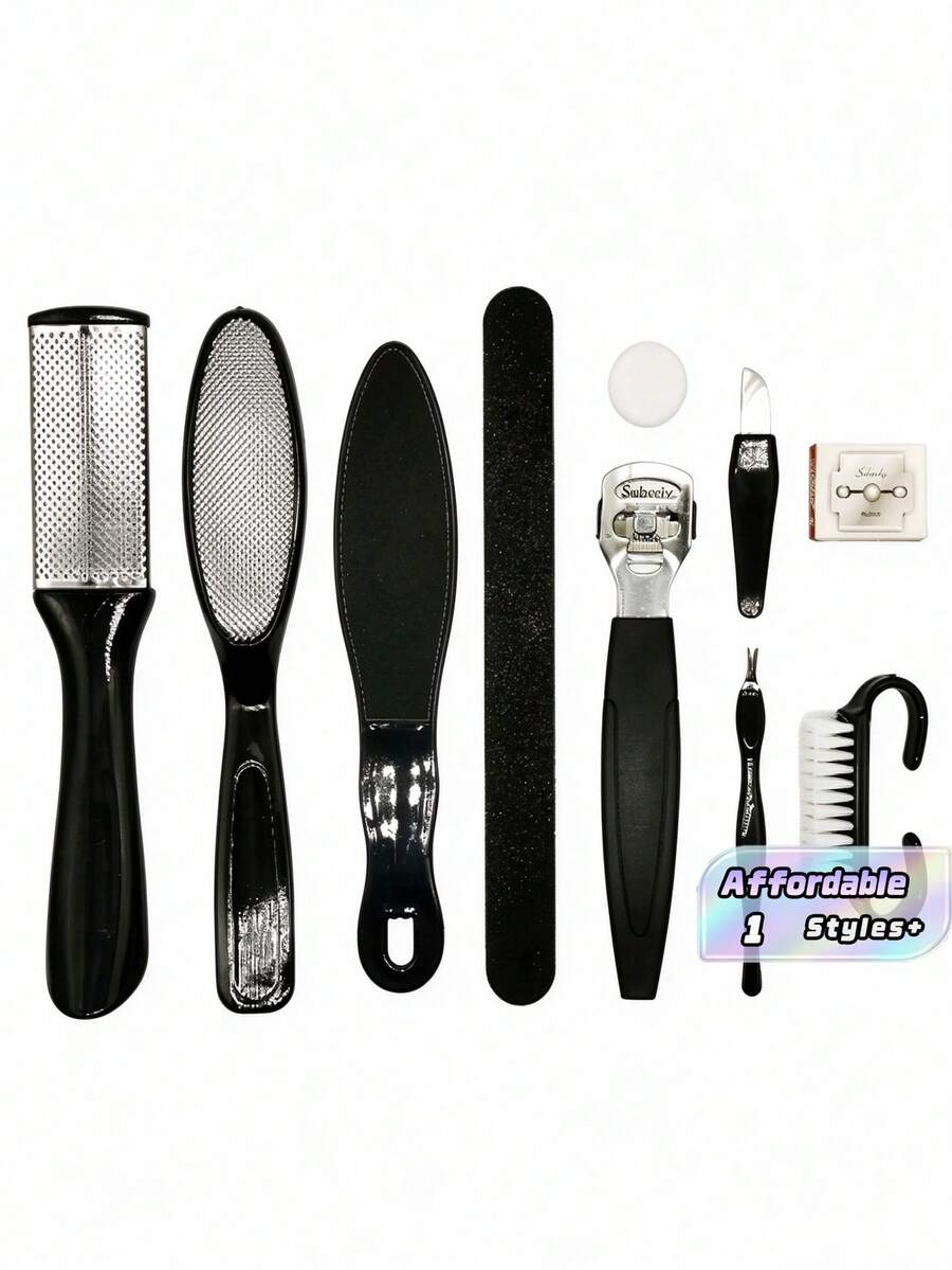 10pcs Made Of Thickened Stainless Steel, Rust-Resistant And Durable. The Foot File Features Dual Grit Sides: Coarse Side For Stubborn Calluses, Fine Side For Polishing. The Pedicure Knife Has Smoothly Polished Blade, - Black - View 1