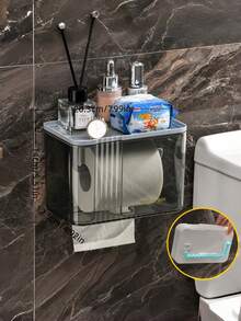 1pc Transparent Waterproof Tissue Box, Wall Mounted Roll & Facial Tissue Holder Storage Rack - Grey - View 3
