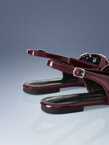 CUCCOO GRLICON Multi-Buckle Design Pointed Flat Sandals Burgundy PU Leather Versatile Low-Heeled Shoes Women, Suitable For Commuting And Office - Burgundy - View 5