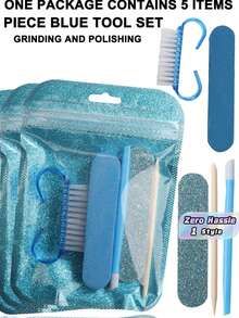 1set 5pcs Blue Pedicure Tool Kit Nail File Dust Brush Wooden Cuticle Pusher Portable Manicure Durable For Travel Home Women - Blue - View 1