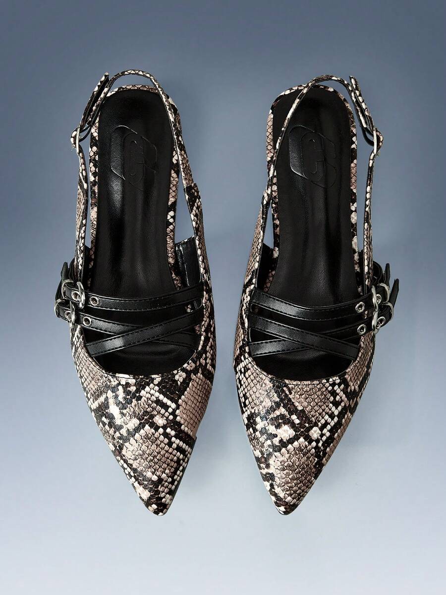 CUCCOO GRLICON Cross-Strap Design Pointed Flat Sandals Snake Pattern Brown PU Leather Versatile Low-Heeled Shoes Women, Suitable For Commuting And Office - Brown - View 1