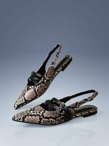 CUCCOO GRLICON Cross-Strap Design Pointed Flat Sandals Snake Pattern Brown PU Leather Versatile Low-Heeled Shoes Women, Suitable For Commuting And Office - Brown - View 4