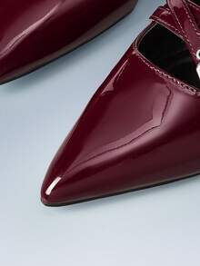 CUCCOO GRLICON Multi-Buckle Design Pointed Flat Sandals Burgundy PU Leather Versatile Low-Heeled Shoes Women, Suitable For Commuting And Office - Burgundy - View 6