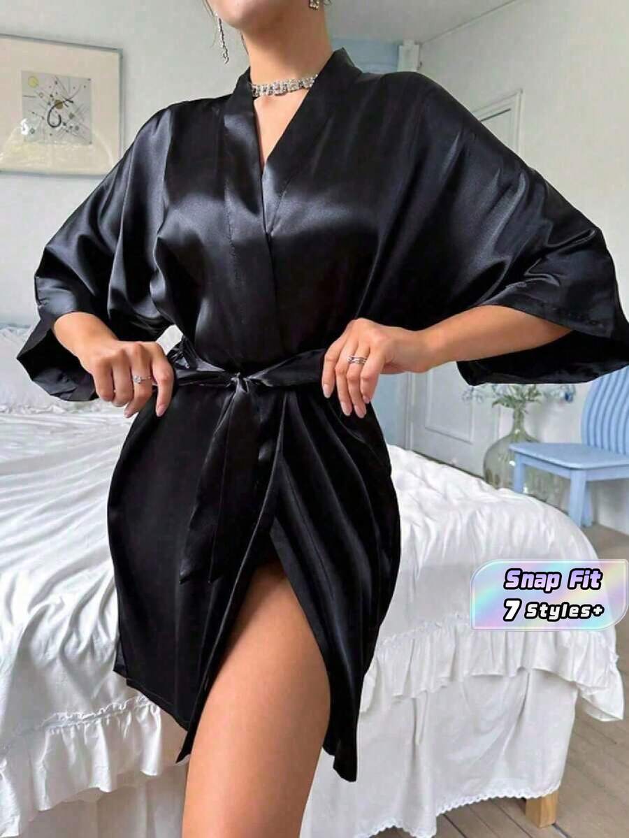 SHEIN A Women's Solid Color Short-Sleeved Bathrobe, Suitable For Spring And Summer, Home Wear, Hotel Wear, Party Wear, Swimming Wear - Black - View 1