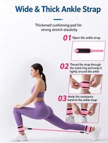 1Set Pink Ankle Strap & Resistance Band Kit, Adjustable D-Ring Ankle Cuffs With 3Pcs Elastic Exercise Bands & Storage Bag, Glute Leg Hip Workout Fitness Equipment For Home Gym - Multicolor - View 6