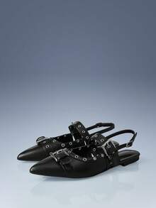 CUCCOO GRLICON Multi-Buckle Design Pointed Flat Sandals Black PU Leather Versatile Low-Heeled Shoes Women, Suitable For Commuting And Office - Black - View 2
