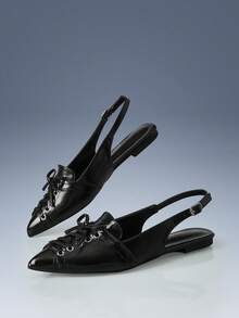 CUCCOO GRLICON Strap Design Pointed Flat Sandals Black PU Leather Versatile Low-Heeled Shoes Women, Suitable For Commuting And Office - Black - View 4