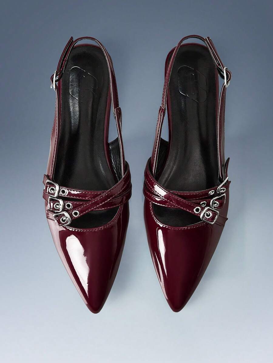 CUCCOO GRLICON Multi-Buckle Design Pointed Flat Sandals Burgundy PU Leather Versatile Low-Heeled Shoes Women, Suitable For Commuting And Office - Burgundy - View 1