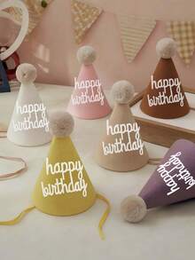 1pc/1set Lace Felt Birthday Hat Party Photo Prop Decoration With Pom Pom Balls - Multicolor - View 7