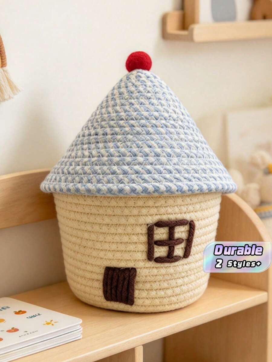 1pc Cute House Shape Woven Storage Basket Large Capacity Snack Sundry Storage Bin With Lid For Home Bedroom Kitchen Organization - Multi-style - View 1