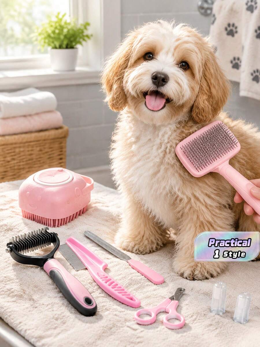 8-Piece Dog Grooming Kit, Self-Cleaning Pet Set With Scissors And Nail Clippers, Flea Comb, Pet Shampoo Brush, Excess Hair Removal Brush For Pets, Detangling Comb For Pets, Silicone Pet Toothbrush - Grey - View 1