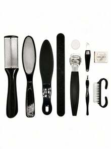 10pcs Made Of Thickened Stainless Steel, Rust-Resistant And Durable. The Foot File Features Dual Grit Sides: Coarse Side For Stubborn Calluses, Fine Side For Polishing. The Pedicure Knife Has Smoothly Polished Blade, - Black - View 10