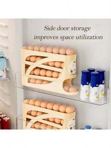 Automatic Rolling Egg Dispenser Organizer For Refrigerator, 4-Tier Space-Saving Egg Holder Tray, Holds 28 Eggs, Durable Plastic Egg Storage Rack For Fridge, Counter, Kitchen Cabinet - cream - View 3