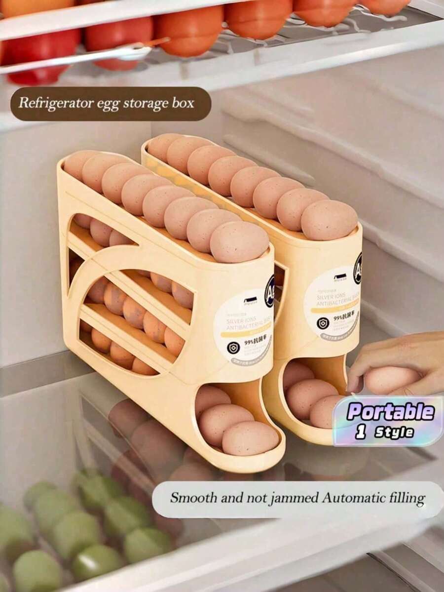 Automatic Rolling Egg Dispenser Organizer For Refrigerator, 4-Tier Space-Saving Egg Holder Tray, Holds 28 Eggs, Durable Plastic Egg Storage Rack For Fridge, Counter, Kitchen Cabinet - cream - View 1