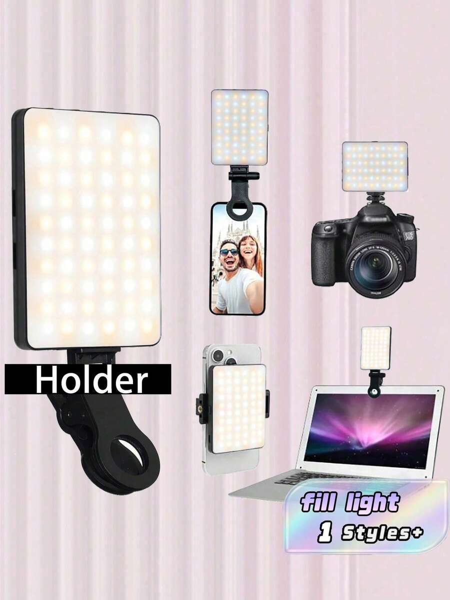 1pc 60 LED Selfie Fill Light, Dimmable Brightness With Battery Indicator. Portable Mini Clip-On Ring Light, Type-C Charging, Black/Purple. Suitable For Makeup, Live Streaming And Video Meetings. - 3 In 1 Light Colors - View 1