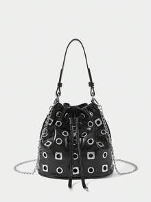 SHECARRY حقيبة دلو موضة Y2K، حقيبة مرصعة بالمسامير، حقيبة يد بعيون معدنية، مادة PU، وإغلاق برباط سحب. - الأسود - مشاهدة 4