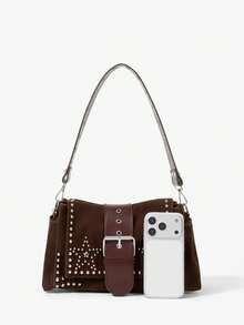 Viva Strut Ladies Fashionable Personality Street Sweet Cool Girls Y2K Vintage Deep Coffee Suede Star Rivet Design Flip Shoulder Bag, Daily School Shopping Dating - Dark coffee - View 5