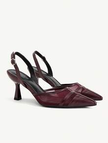 CUCCOO CHICEST Burgundy Mesh Leather Pointed High Heels, Back Strap Design, Elegant Commuter Dinner Temperament Women's Shoes - Burgundy - View 1