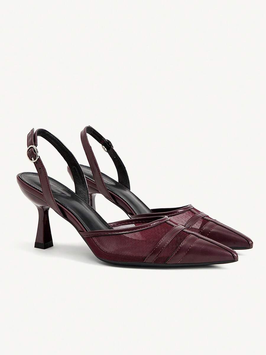 CUCCOO CHICEST Burgundy Mesh Leather Pointed High Heels, Back Strap Design, Elegant Commuter Dinner Temperament Women's Shoes - Burgundy - View 1