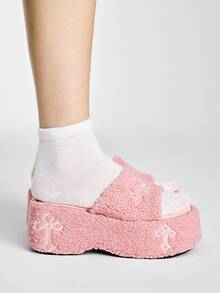 ROMWE Kawaii 女款斜跟厚底涼鞋 深色搖滾龐克哥德風 夏季露趾羅馬沙灘涼鞋 刺繡字母款 派對洋裝鞋 - 粉--色 - 查看 3