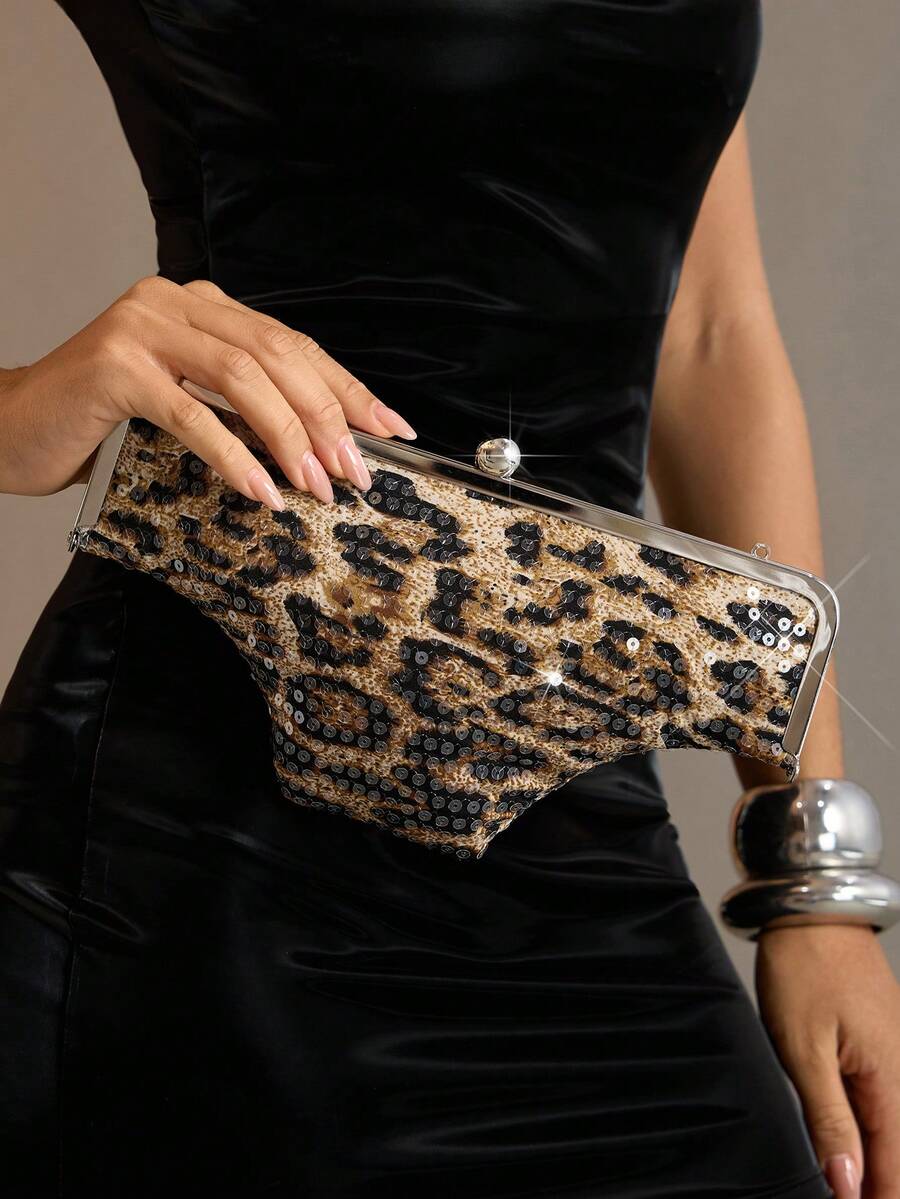 Viva Strut Ladies Fashionable Personality Fun Sexy Sweet Cool Y2K Leopard Print Sequins Triangle Undies Clutch, Dinner Bag, Party Dating Banquet Dance Night Club - Coffee - View 1