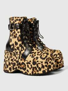 ROMWE Grunge Punk Sepatu Bot Ankle Wedge Vintage Gaya Punk Musim Semi/Gugur Wanita – Bahan Campuran Suede Gothic & Motif Leopard dengan Sol Platform Berlapis Kain - cetak leopard kuning - View 2