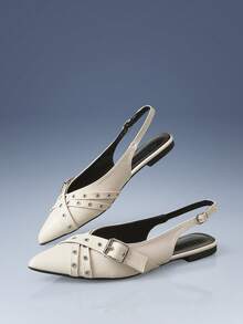 CUCCOO GRLICON Multi-Buckle Design Pointed Flat Sandals Apricot PU Leather Versatile Low-Heeled Shoes Women, Suitable For Commuting And Office - Apricot - View 4