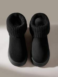 Solecia Women's Black Knitted Folded Cuff Sock Decor Winter Comfortable Thick Sole Height-Increasing Warm Snow Boots - Black - View 6