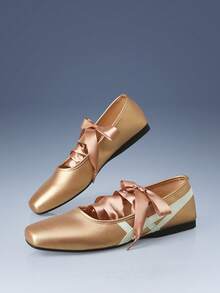 CUCCOO GRLICON Low Vamp Color Matching Ribbon Strap Flat Bottom Y2K Rose Gold PU Leather Women's Flat Bottom Shoes Party Outdoor - Rose Gold - View 4