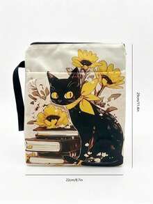 1PC Polyester Zipper Book Sleeve Pouch With Outer Pocket Hand Strap Lightweight Portable Book Protector Storage Bag Cute Black Cat Sunflower Book Stack Print For Student Office Travel Daily Reading Supplies - A - View 8