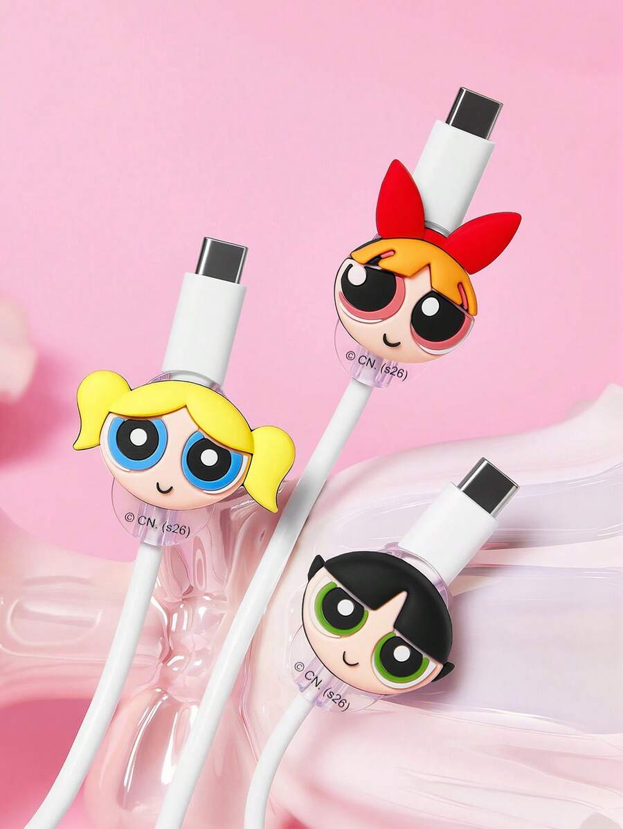 THE POWERPUFF GIRLS X SHEIN 3-Piece Cute Data Cable Clip Decoration - Multicolor - View 1