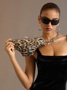 Viva Strut Ladies Fashionable Personality Fun Sexy Sweet Cool Y2K Leopard Print Sequins Triangle Undies Clutch, Dinner Bag, Party Dating Banquet Dance Night Club - Coffee - View 7