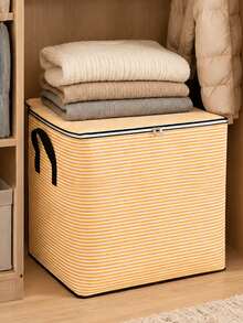 1Pc Light Orange White Striped Fabric Storage Box With Zipper Lid, Large Foldable Clothes Storage Bin With Handles, Wardrobe Organizer For Quilts Blankets Down Jackets - Yellow - View 5
