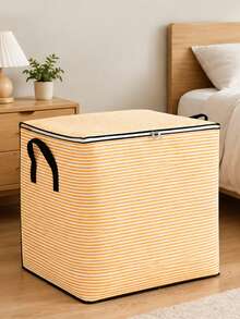 1Pc Light Orange White Striped Fabric Storage Box With Zipper Lid, Large Foldable Clothes Storage Bin With Handles, Wardrobe Organizer For Quilts Blankets Down Jackets - Yellow - View 6