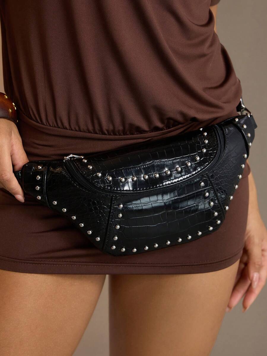 Viva Strut Ladies Fashionable Personality Simple Versatile Street Sweet And Cool Girls Y2K Black Crocodile-Embossed Faux Leather Rivet Waist/Chest Bag - Black alligator pattern - View 1