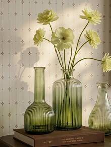 Cirelle 1Pc Glass Vase, Gradient Tinted Glass With Vertical Ribbed Texture, For Dried Floral Display, Tabletop Aesthetic, Boho, Modern Minimalist, Bedroom Shelf Decor, Housewarming Gift,For Living‑Room Vanity Decor To Refresh Household Ambient Layout - default - View 15