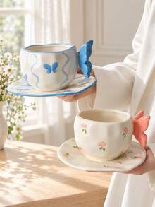A Set Of Exquisite Ceramic Mugs, Featuring 3D Bow-Shaped Handles | Pastel Floral And Butterfly-Printed Teacups Paired With Scallop-Shaped Saucers | Adorable Korean-Style Coffee Cups-Perfect For Home Decor And As Gifts. - Multicolor - View 3
