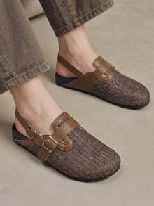 Solecia Woven Breathable Mesh Double Buckle Retro Rear Empty Sandals Casual Vacation Shoes - Brown - View 4