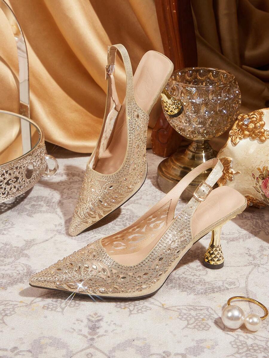 CUCCOO TILAWA Gold Mesh Sparkling Rhinestone Elegant Temperament Sexy Pointed Women's High Heels - The Rear Buckle Belt Is Exquisitely Designed, Using The Design Of - Gold - View 1