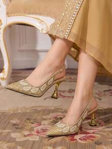 CUCCOO TILAWA Pearl Decoration Gold Sparkling Rhinestone Elegant Temperament Sexy Pointed Women's High Heels - The Rear Buckle Belt Is Exquisitely Designed, Using T - Gold - View 2